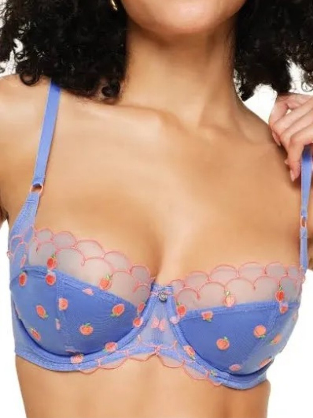 NWT Adore Me Blue Mesh Bra with Peach Embroidered Pattern, Size 32H